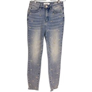Judy Blue Jeans Light Wash Skinny Fit Star Embellished Distressed Raw Hem Size27